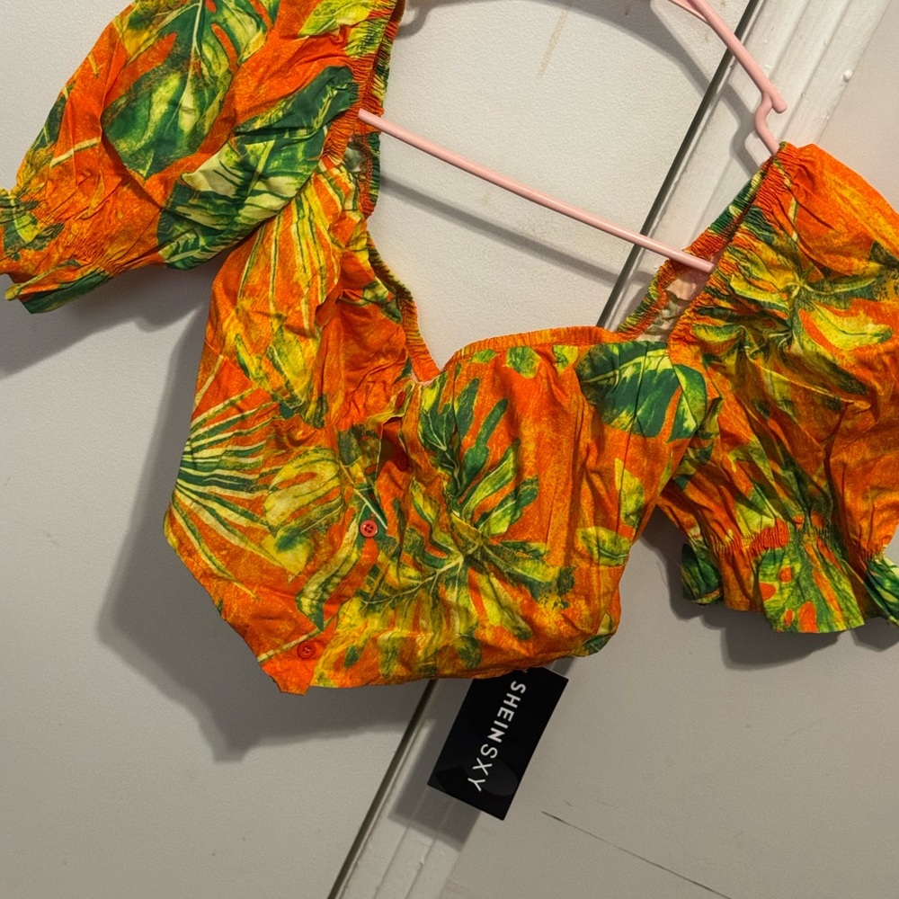 SHEIN Vibrant Orange Leaf Print Blouse